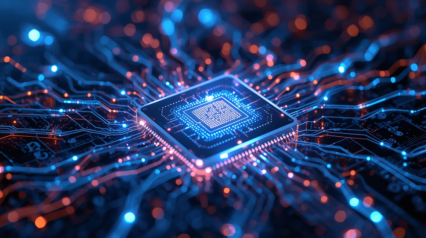 Futuristic AI Processor on Neon Circuit Board